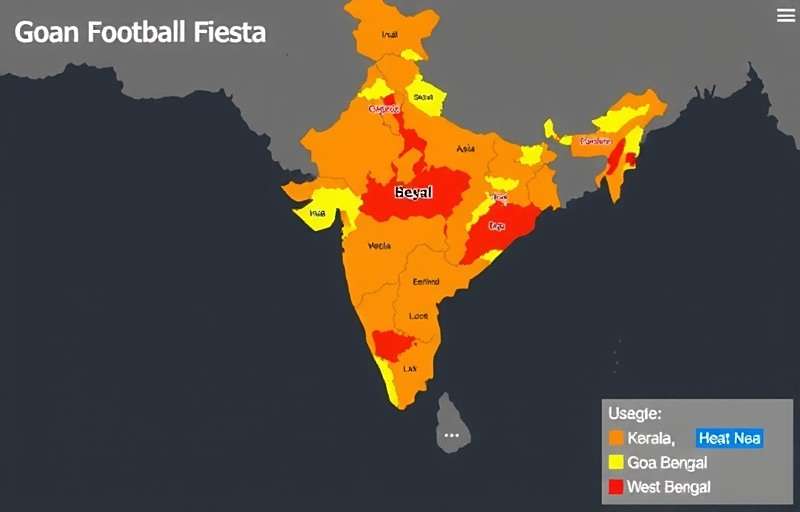 Goan Football Fiesta Regional Popularity in India Goan Football Fiesta regional popularity heat map of India showing highest usage in Goa, Kerala and West Bengal