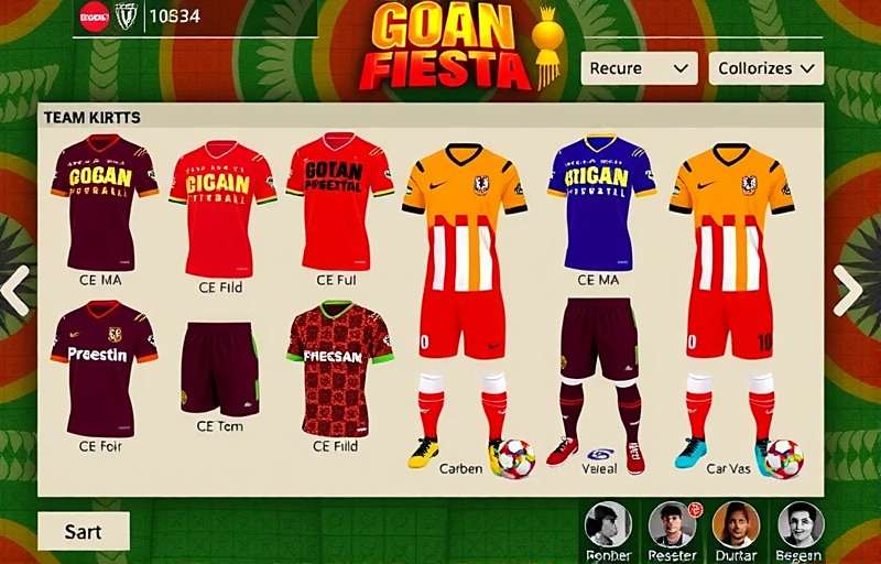 Goan Football Fiesta Customization Options Goan Football Fiesta customization screen showing team kits with traditional Indian patterns and regional designs